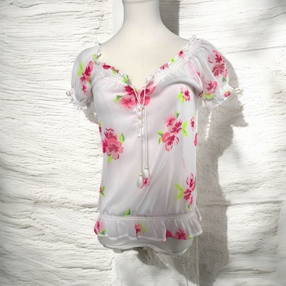 Y2K bluenotes Floral White and Pink Women's Top S summer tropical fairy